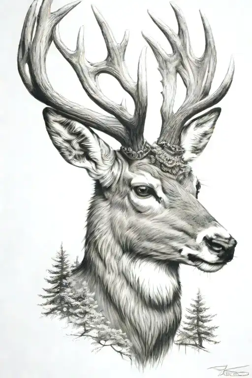 Mule Deer Head With Trees