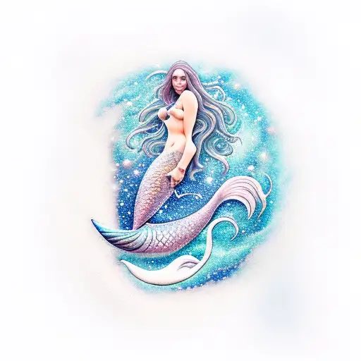 Realistic Representation Of A Celestial Mermaid Swimming Through A Galaxy-filled Ocean