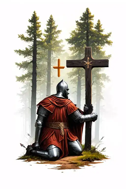 Knight On His Knees In Front Of A Cross In The Middle Of The Forest