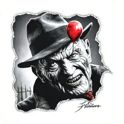 A Realistic Portrait Of Freddy Krueger With A Background Of It's Red Balloon