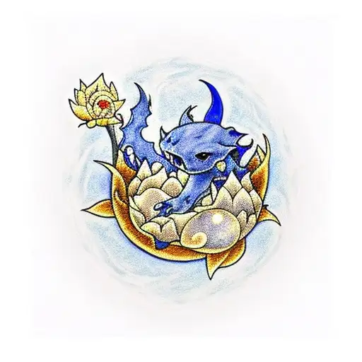 All Blue Cubone Eating A Sliver And Golden Lotus Flower Below The Night Sky