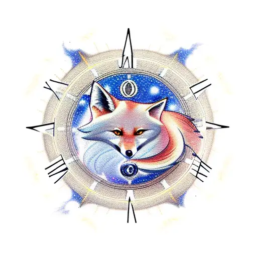Celestial Kitsune Fox With Clock And Sakura Flower