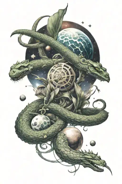 Zues With Snake Coming And Planets Orbiting Each Other