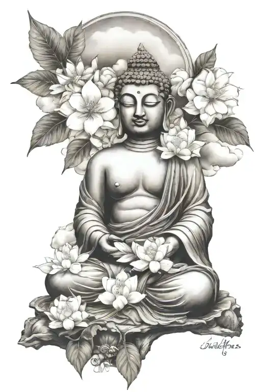 Buddha With Louth's Flowers And Cloud Background