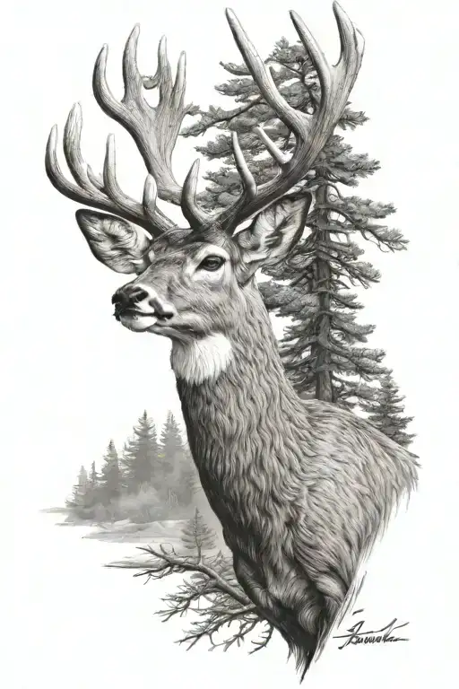 Mule Deer Head With Trees
