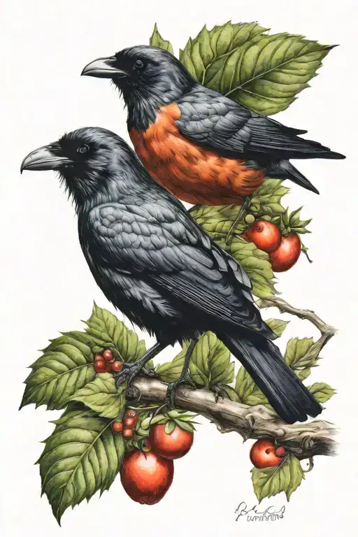 Crow And Robin On A Branch With Leaves And Fruit