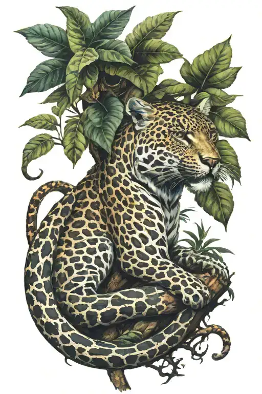 Leopard With Huge Snake Head In A Jungle Tree