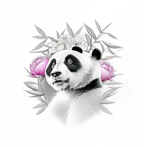 Panda With Peonies And Bambus