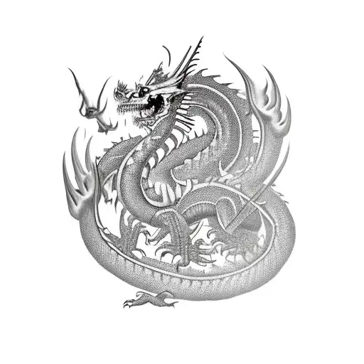 Western Dragon Burning Until Flesh Gradually Comes Off And It's Skeleton Shows