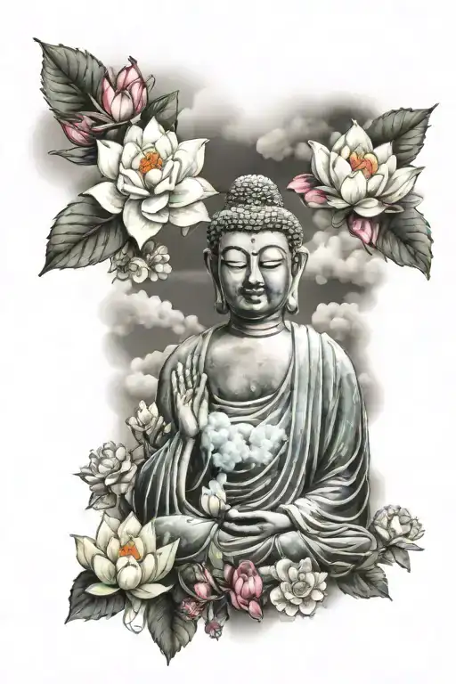 Buddha With Louth's Flowers And Cloud Background