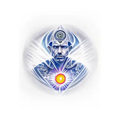 Realistic Portrait Of A Spiritualist With Navy Blue Gemini Symbol As A Third Eye