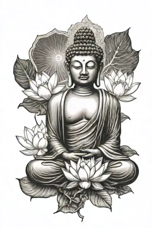 Buddha With Om Sign And Lotus Flowers