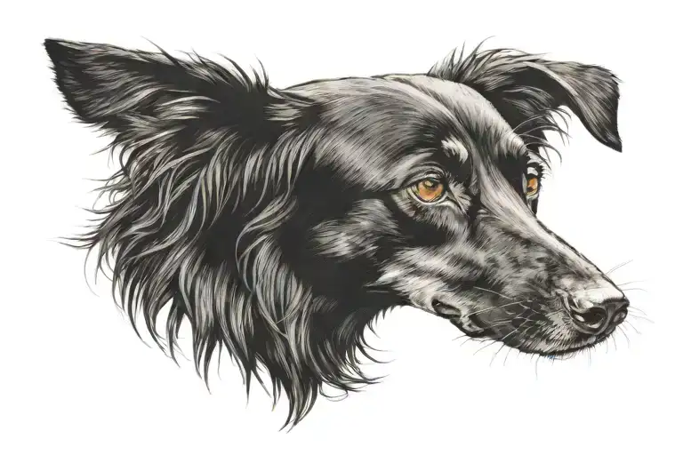 Black Mcnab Dog With Big Brown Eyes And Long Hair Memorialized With Lilys In Background