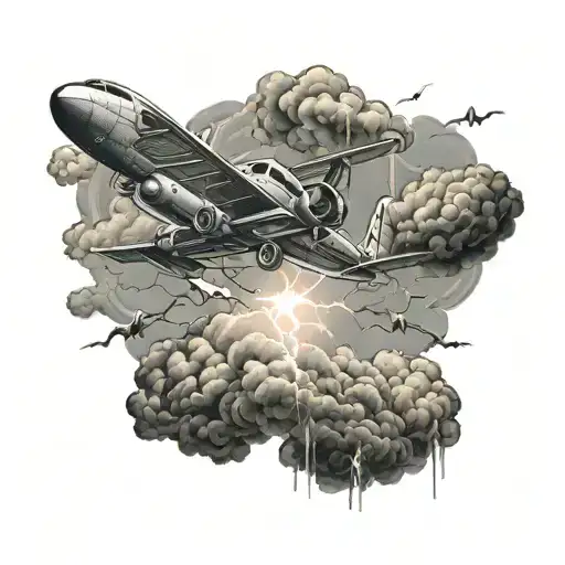 An Intricate Design Of A Plane Flying Through A Stormy Sky With Lightning Bolts And Dark Clouds