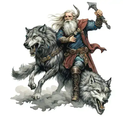 Nordic God Odin With Covered Eye Fighting With The Wolf Fenrir