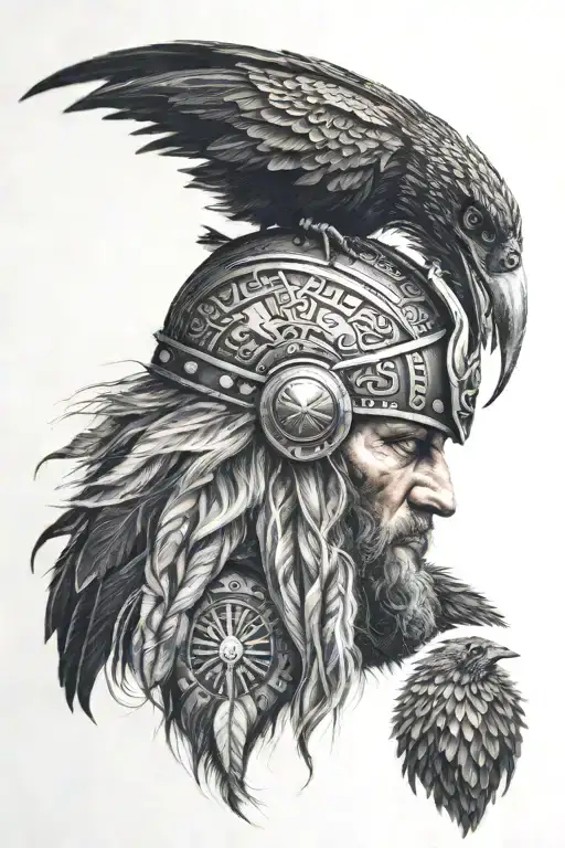 Viking With A Bear Head Helmet And Vegvisir Symbol And A Crow
