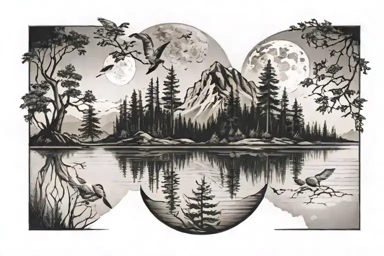 Mountains River Forest Moon Birds