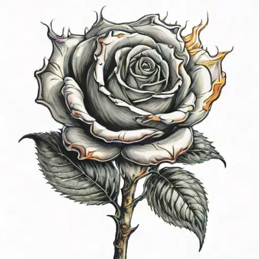 A Realistic Depiction Of A Rose On Fire With The Stem
