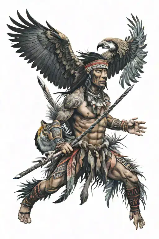Indigenous Warrior With A Macaw Behind And Brazilian Tribal