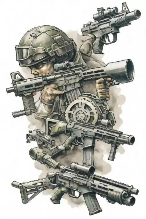 Incorporate Elements Of Military Gear And Weaponry Into A Dynamic Sports-themed Tattoo Design