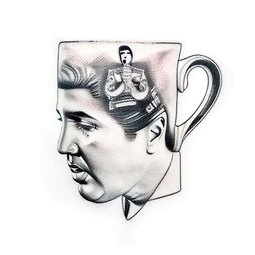 An Abstract Tattoo Of A Coffee Mug Shaped Like Elvis Presley's Face