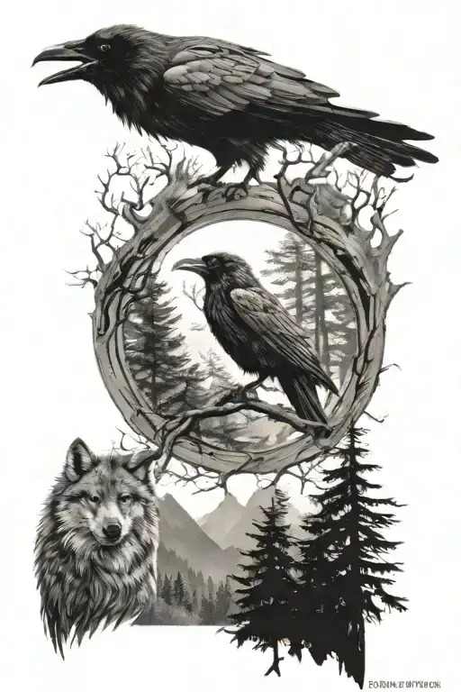 A Raven And A Wolf With Trees Background Looking Through Lens