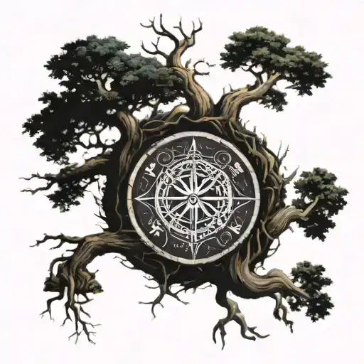 A Large Tree Of Life With Roots That Intertwine Into A Viking Compass