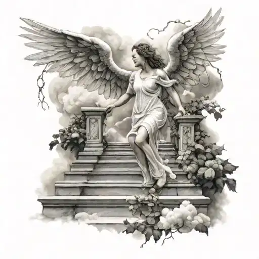 Clouds With Lightning Down And Angel Standing On Stairs With Vines And Arms Open