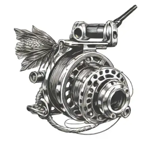 Fly Fishing Reel Intertwined With Trout Swimming