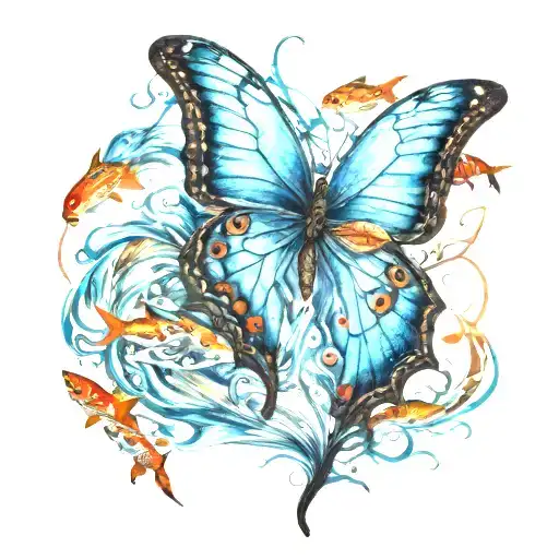 A Majestic Morpho Butterfly Gracefully Swimming Underwater Surrounded By Colorful Fish