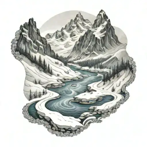 A Detailed Dotwork Design Of A Snow-covered River Winding Through A Mountain Range