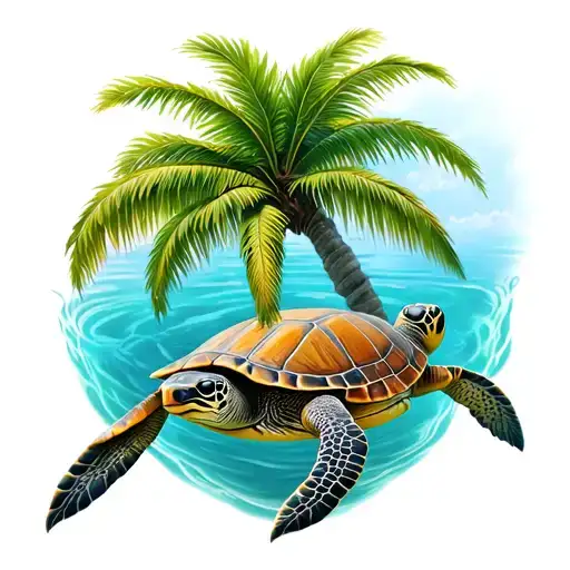 Palm Tree And Turtle Swimming Gracefully