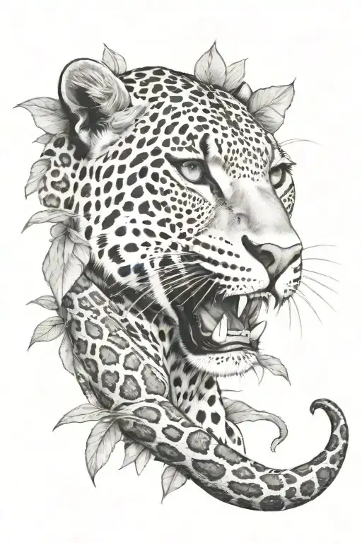 Leopard With Snake Head In A Jungle Tree