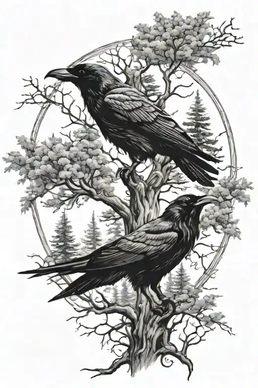 Raven And Wolf With Trees
