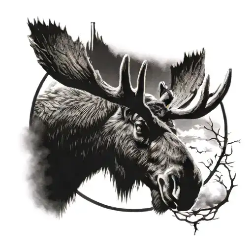Moose Head Facing Front With Moon In Background And Electricity Circling Around The Moon