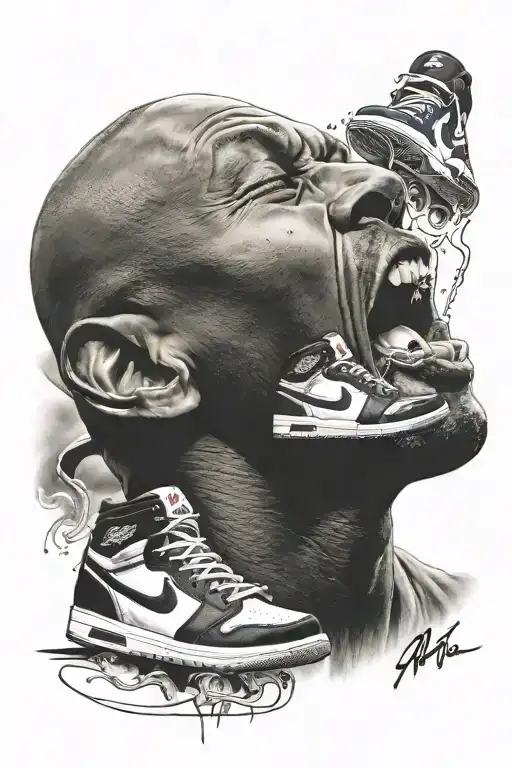 Micheal Jordan Putting An Air Jordan High Og Black Shoe In His Mouth