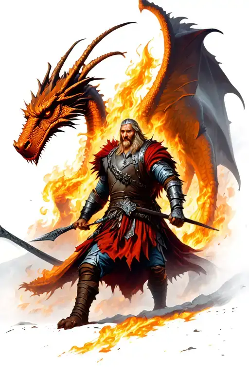 Realistic Nordic Viking Warrior Fighting A Dragon In A Fiery Hellscape