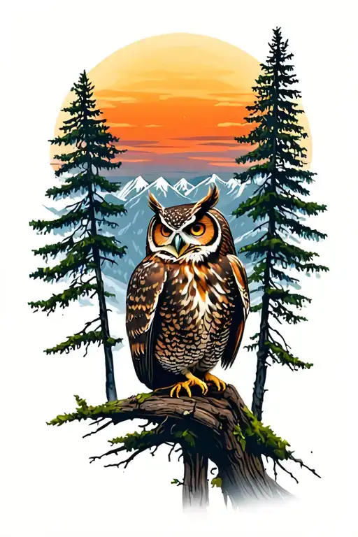 Mountians Sunset With Trees And An Owl