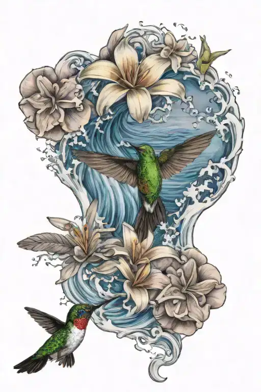Realistic Waves Crashing On A St Lucia Beach With A Hummingbird Perched On A Frangipani Flower