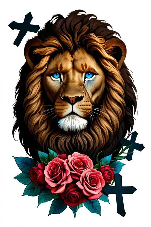 Lion With Blue Eyes And Jesus In The Middle With Roses And On The Bottom With 3 Crosses