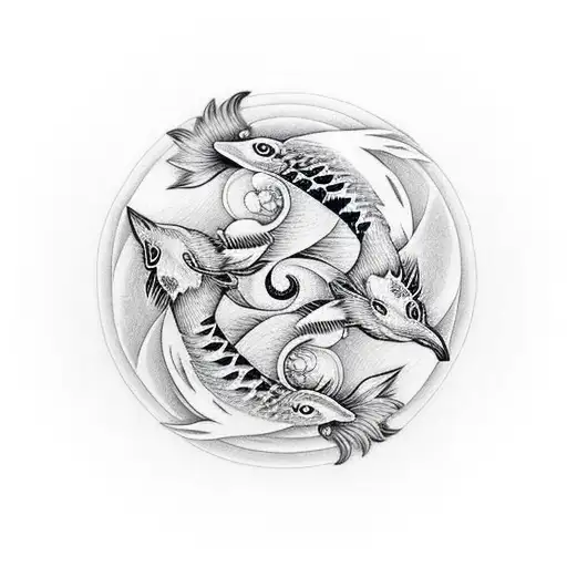 Fox And Koi Swimming In Ying Yang