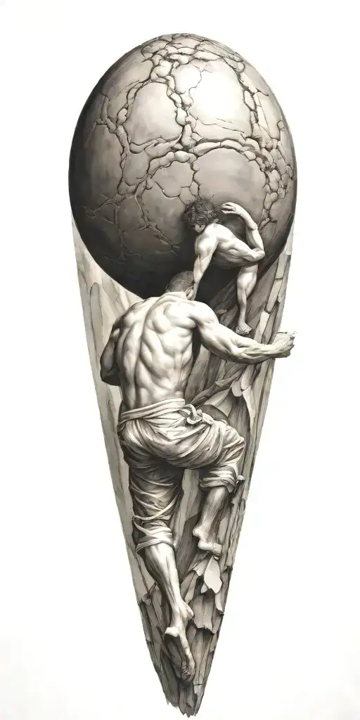 Myth Of Sisyphus Pushing A Boulder Uphill With Fibonacci Spiral