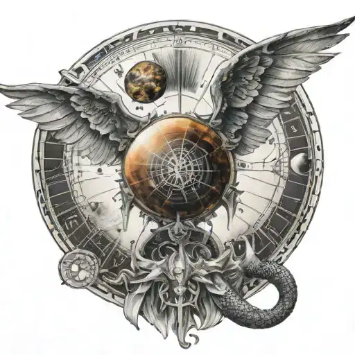 Back Tattoo With Sun Solar System Down Spine And Dragon Wings On Shoulder Blades