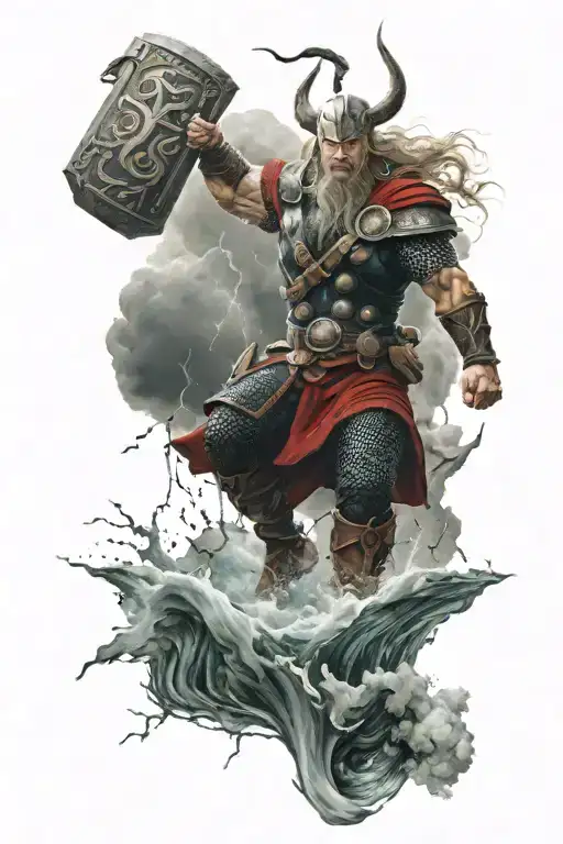 God Of Thunder Above Stormy Sea With Nordic Symbols
