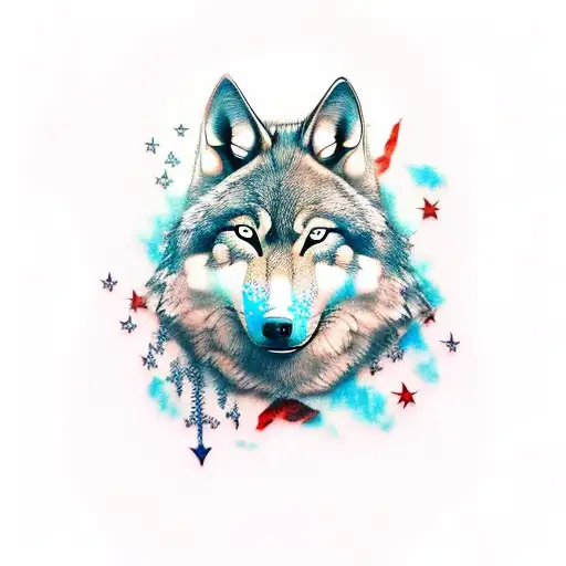 Realistic Wolf Head With A Tattered Thin Blue Line Flag Background