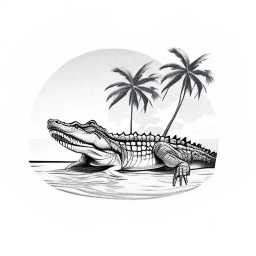 A Realistic Crocodile Swimming In A Tropical Paradise With Palm Trees And A Sunset In The Background
