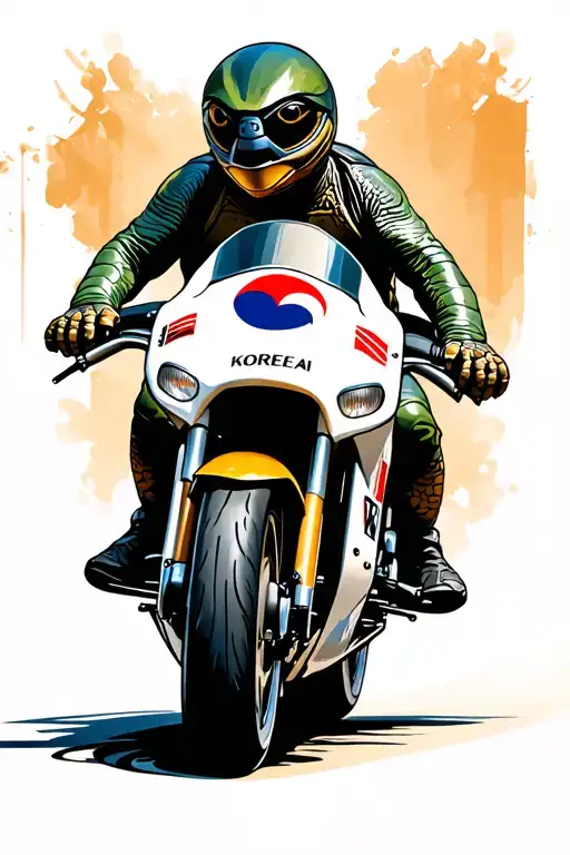 Turtle On A Racing Motorcycle With The Sign Of Korea