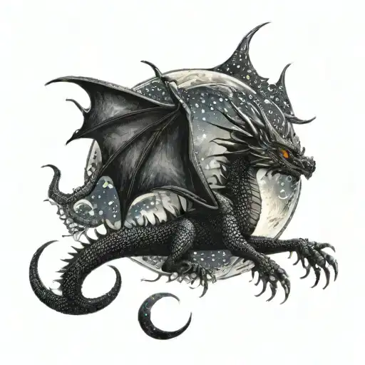 A Black Dragon Flying Through A Starry Night Sky With A Crescent Moon In The Background