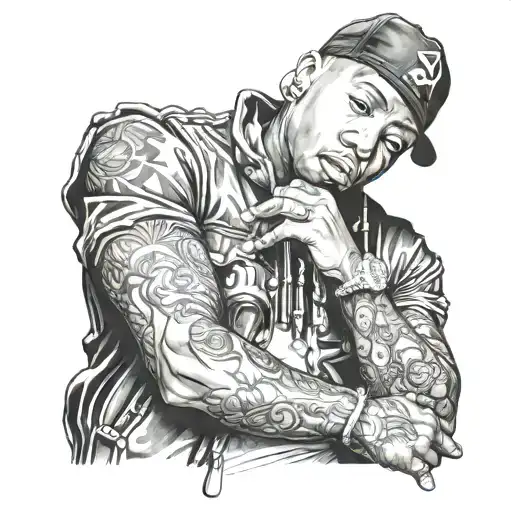 A Realistic Portrait Of A Famous Freestyle Rapper With A Background Of Musical Instruments