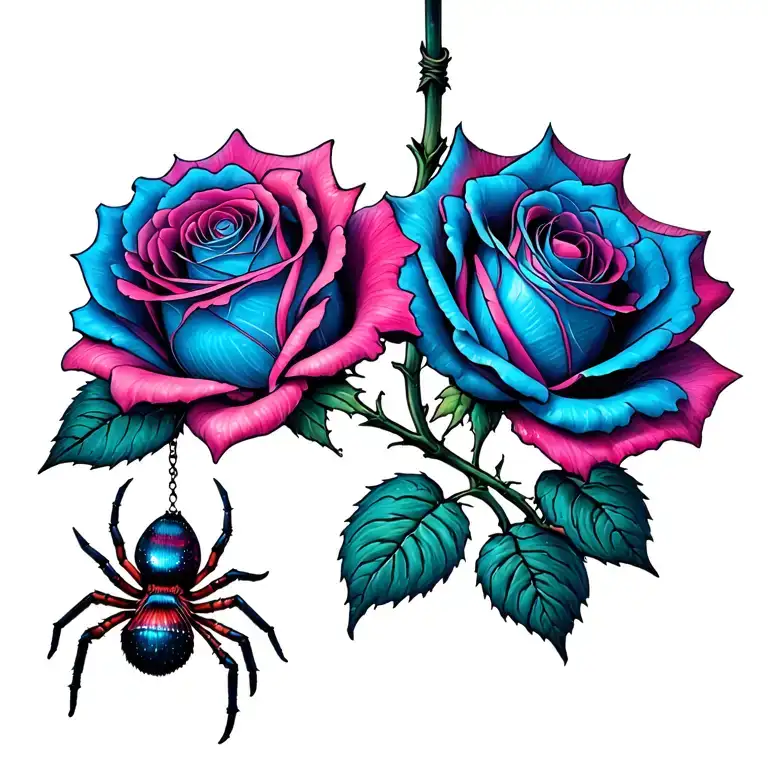 Blue Pink With Cobweb And A Spider Hanging From The Rose